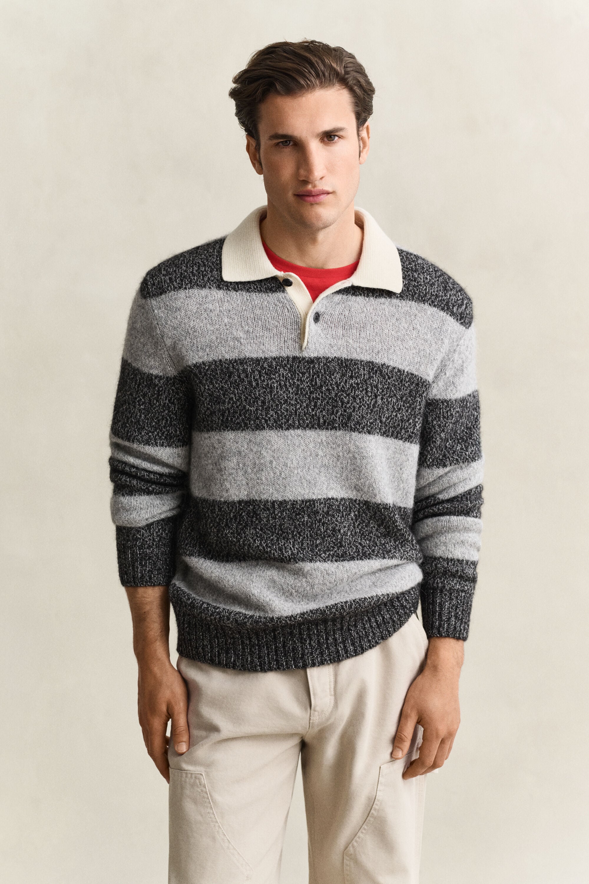 Camisola de malha estilo polo em mistura de lã de alpaca às riscas