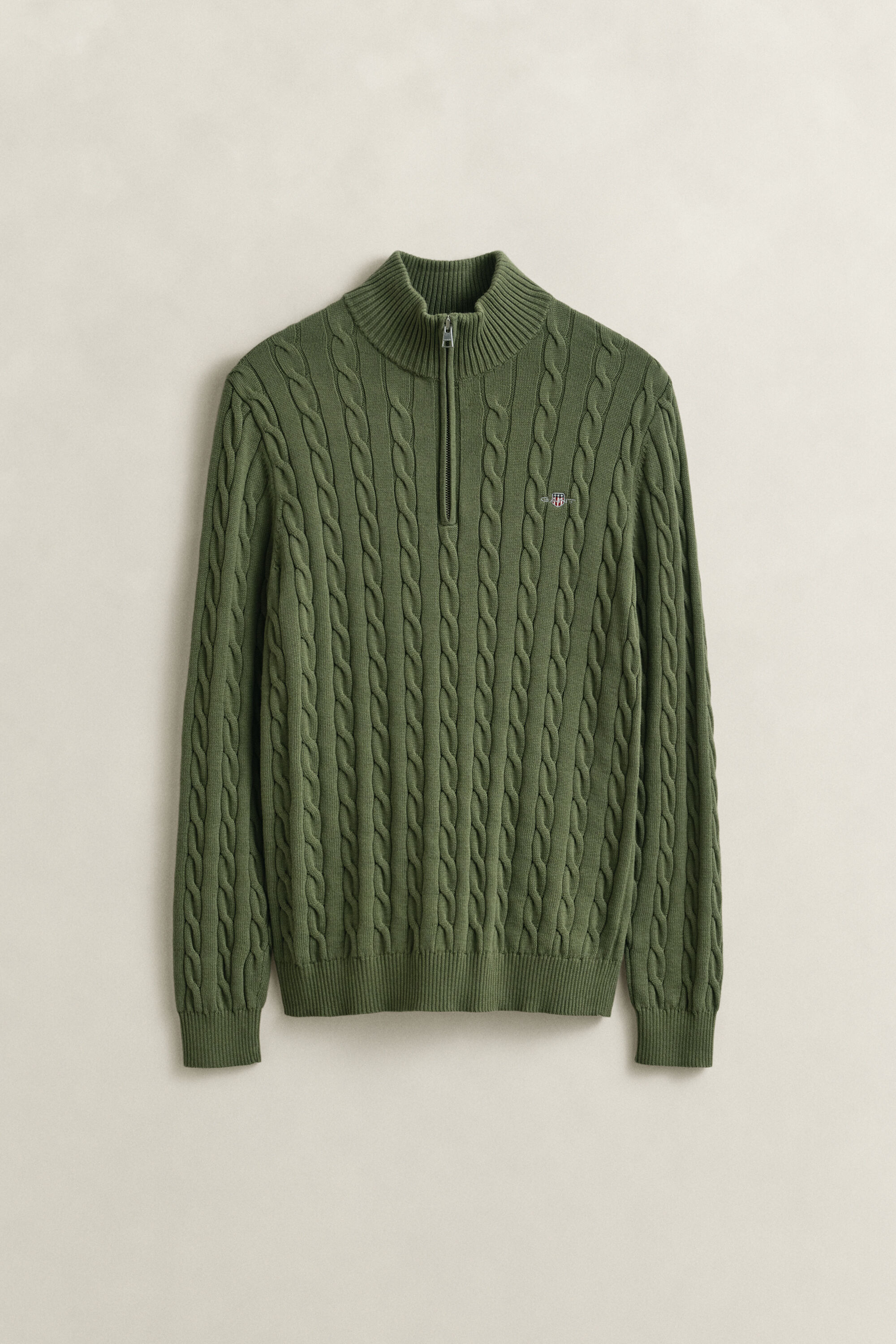 Camisola de malha entrançada de algodão com meio fecho de correr