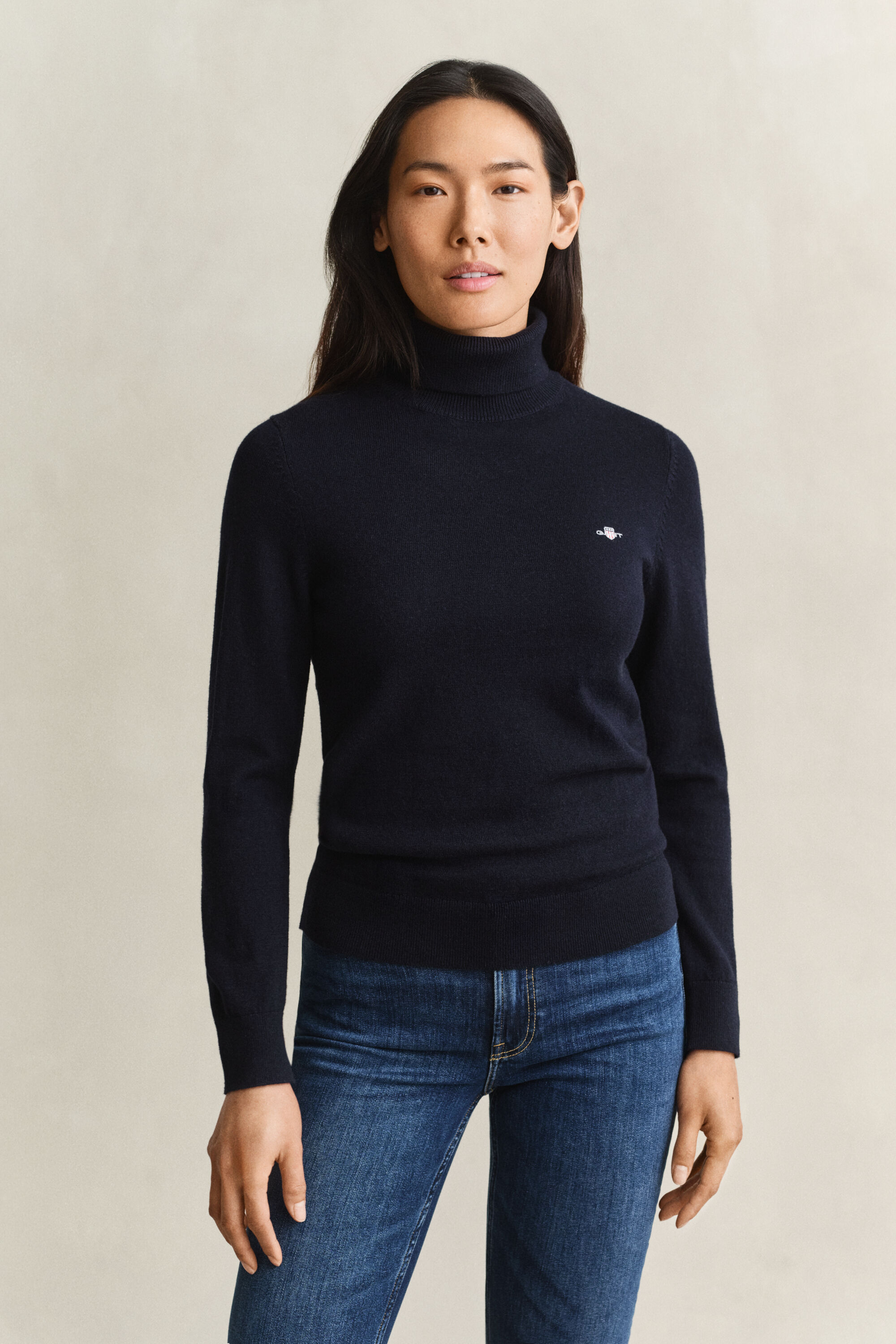 Camisola de malha de lã e algodão com gola alta