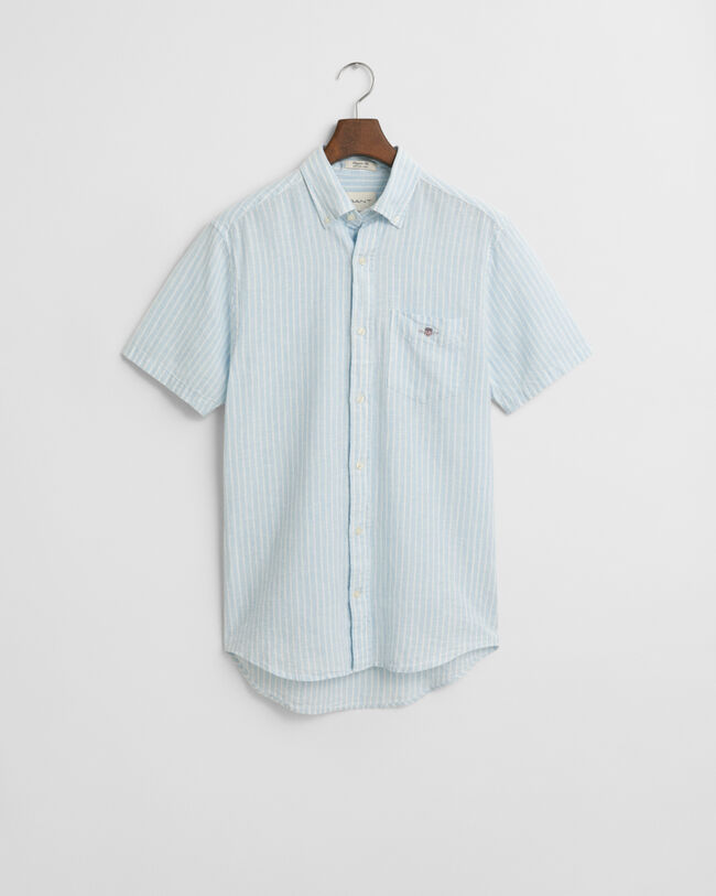 Camisa de manga curta em linho e algodão às riscas regular fit
