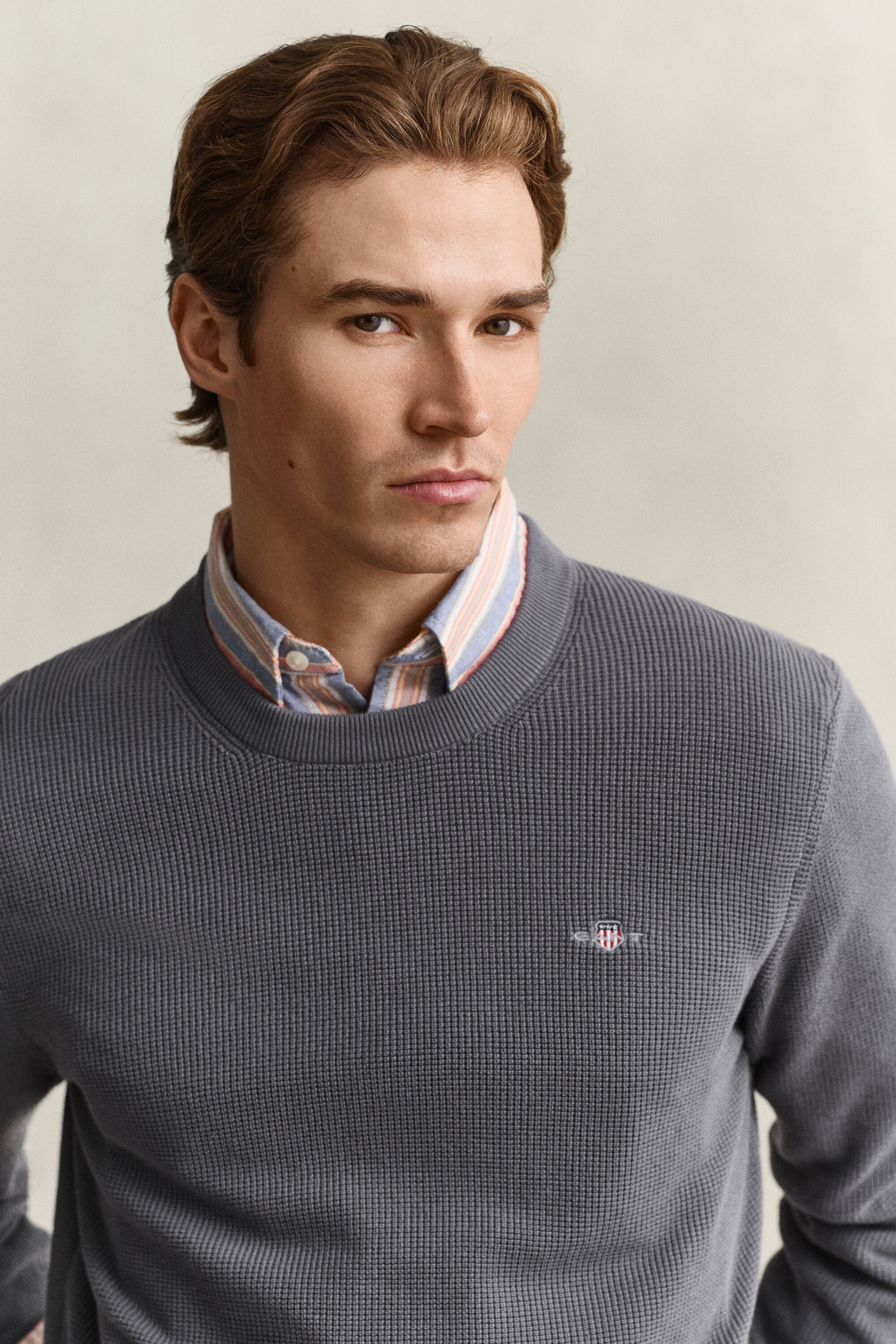 Camisola de malha com decote redondo em algodão texturizado