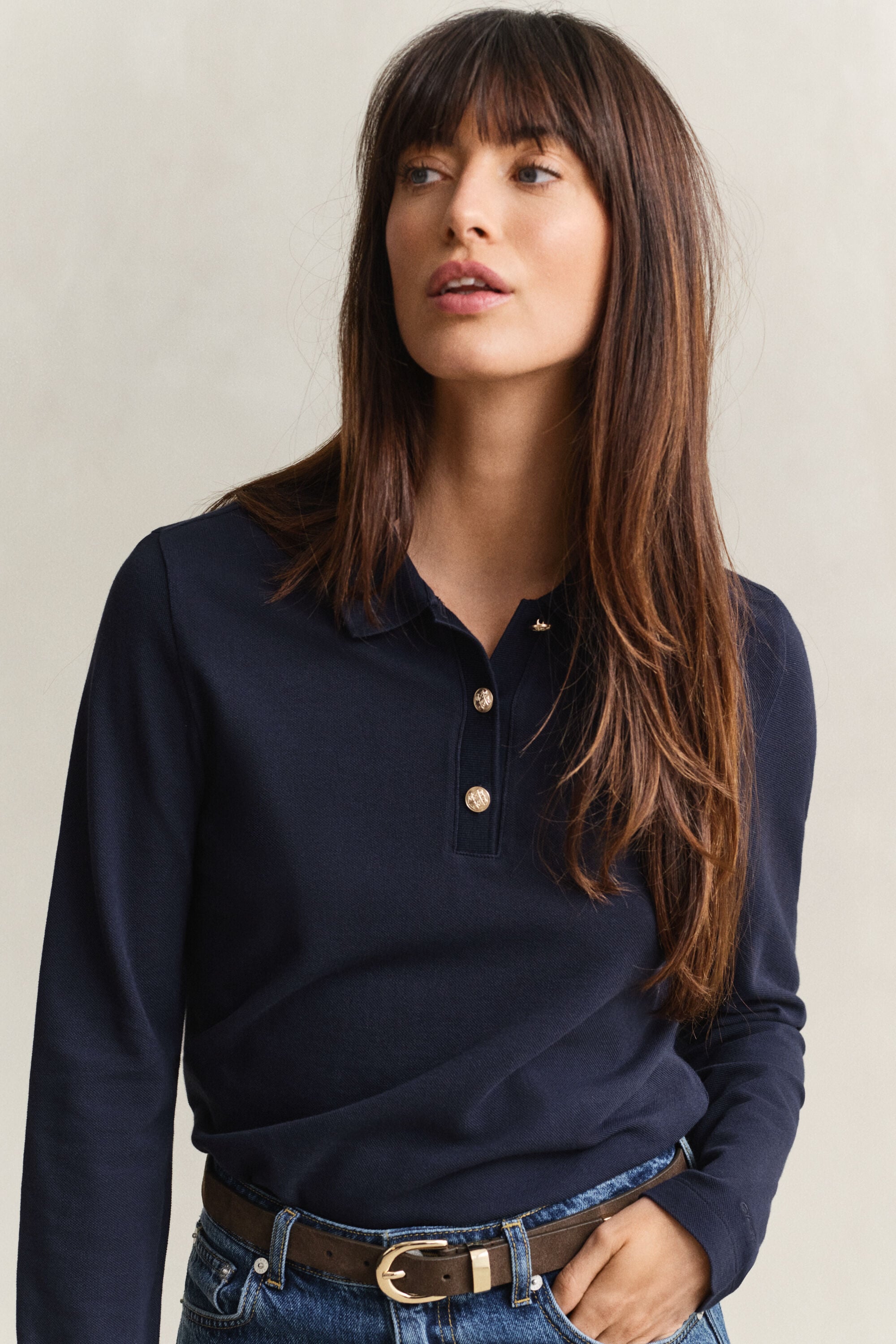 Camisola de manga comprida tipo polo em algodão piqué