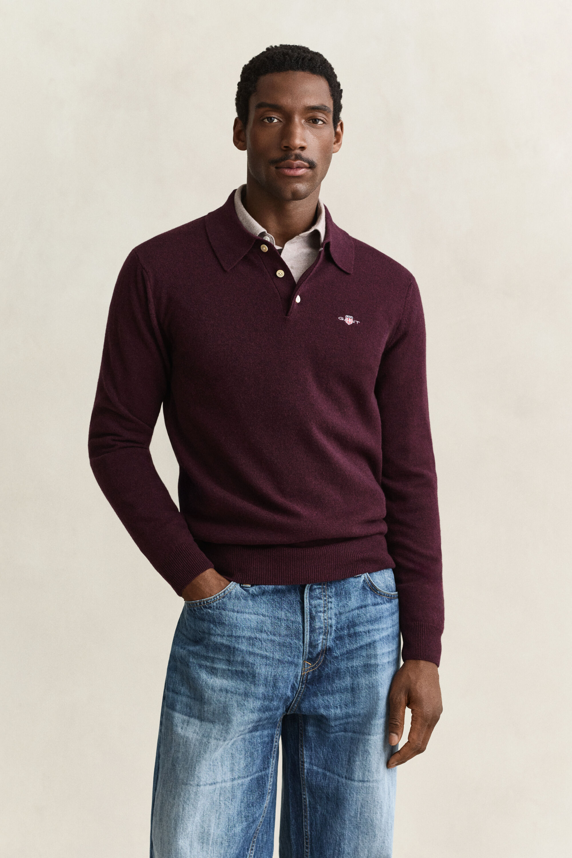 Camisola de malha tipo polo em lã extrafina