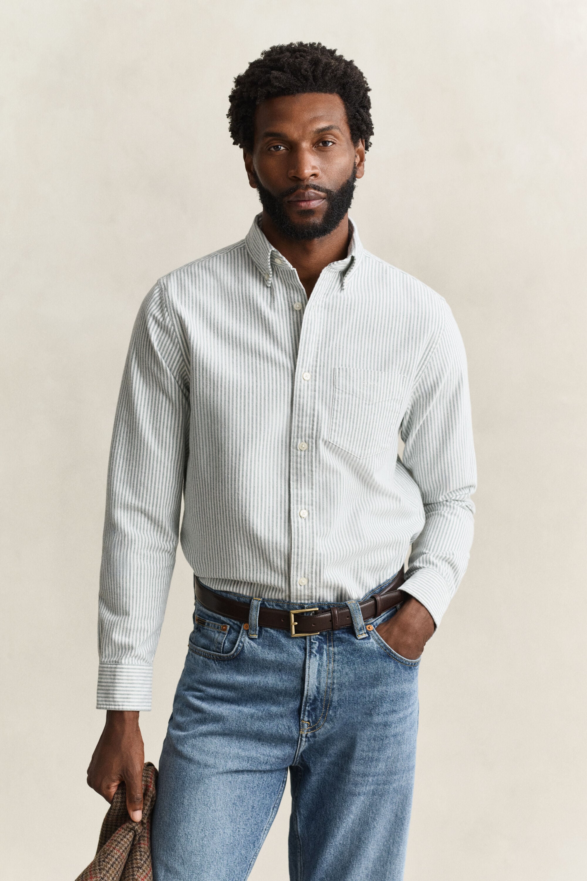 Camisa em algodão Oxford escovado às riscas