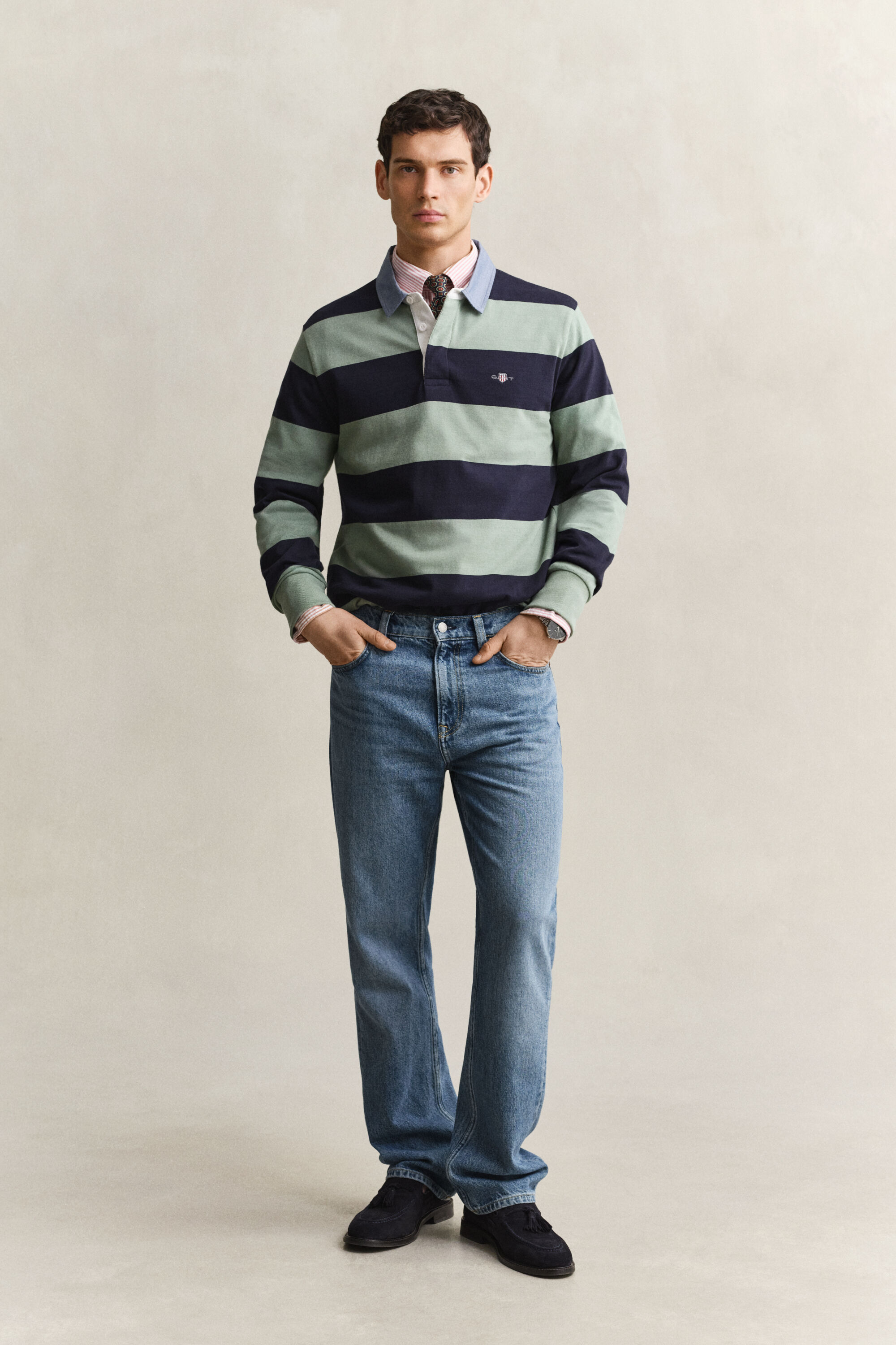 Heavy Rugger às riscas com colarinho em chambray