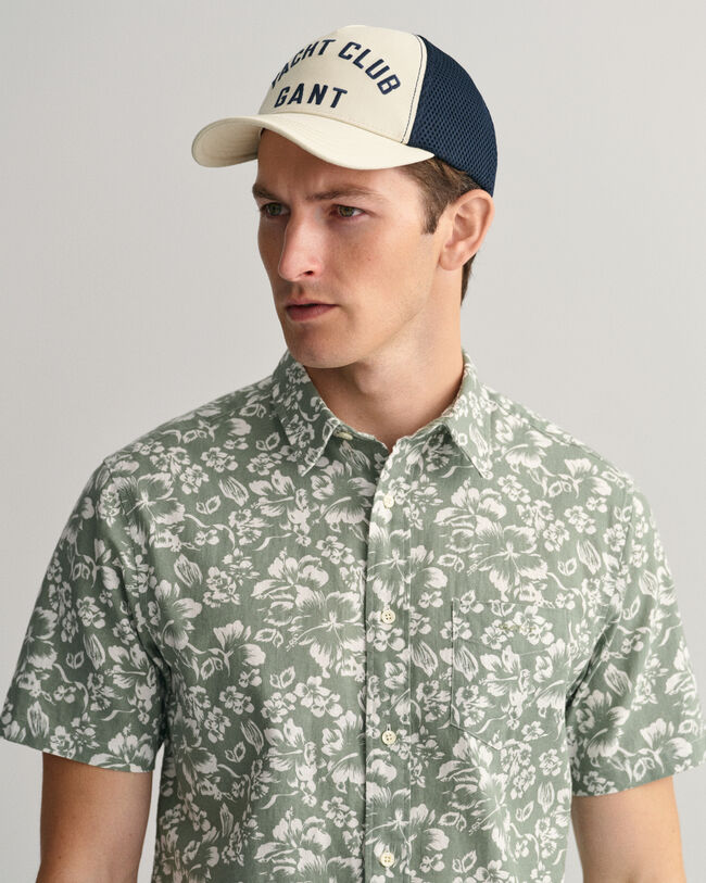 Camisa de manga curta em linho e algod&atilde;o com estampado Floral regular fit