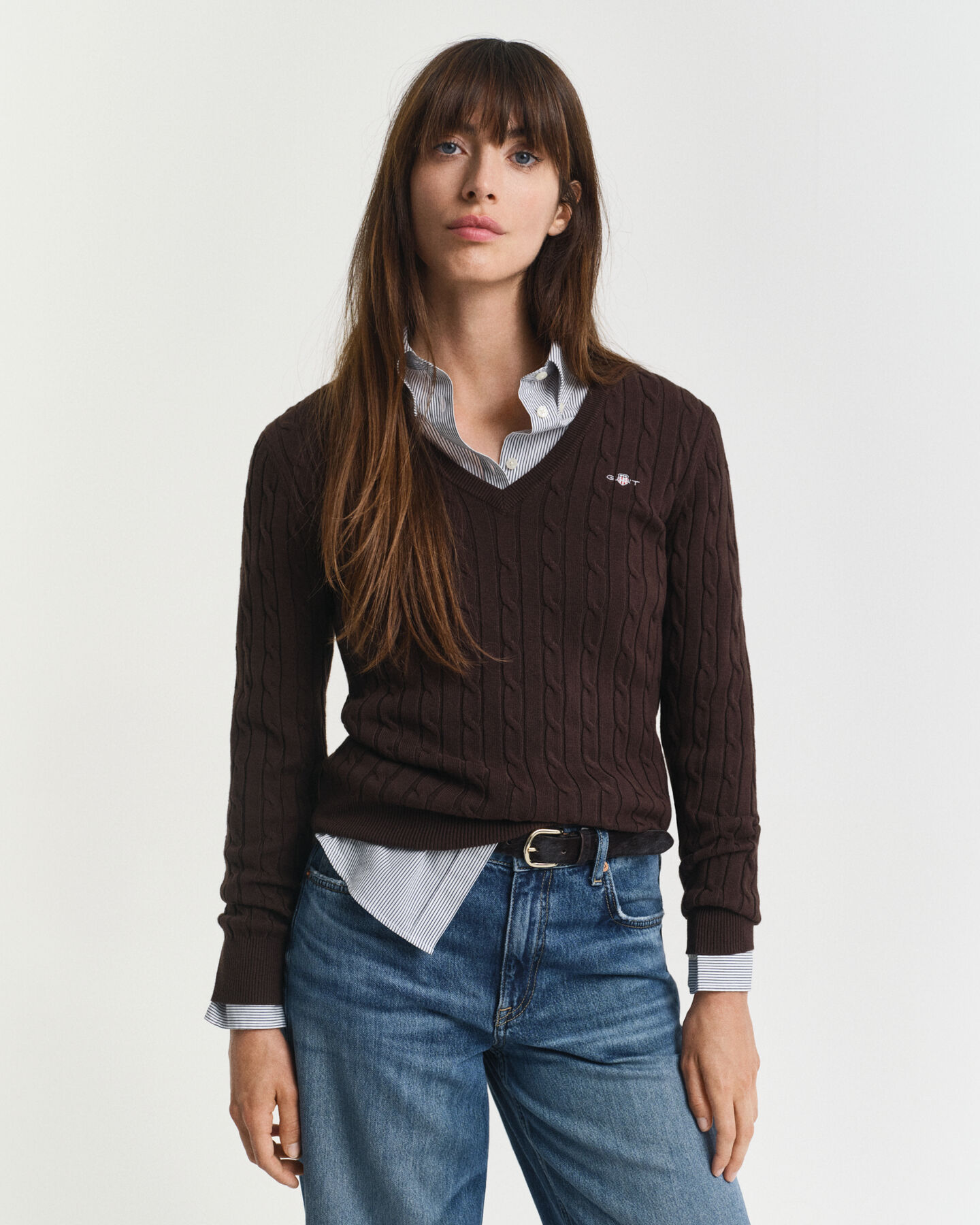 Camisola de malha entrançada com decote em V em algodão com elastano