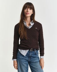 Camisola de malha entrançada com decote em V em algodão com elastano