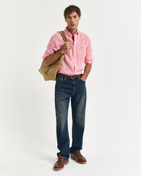 Camisa em linho e algod&atilde;o &agrave;s riscas regular fit