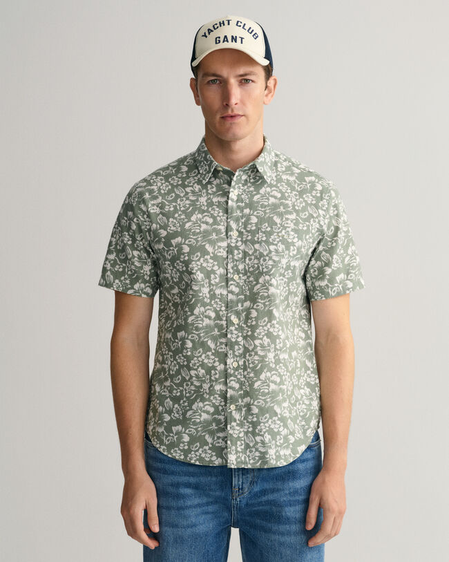 Camisa de manga curta em linho e algod&atilde;o com estampado Floral regular fit