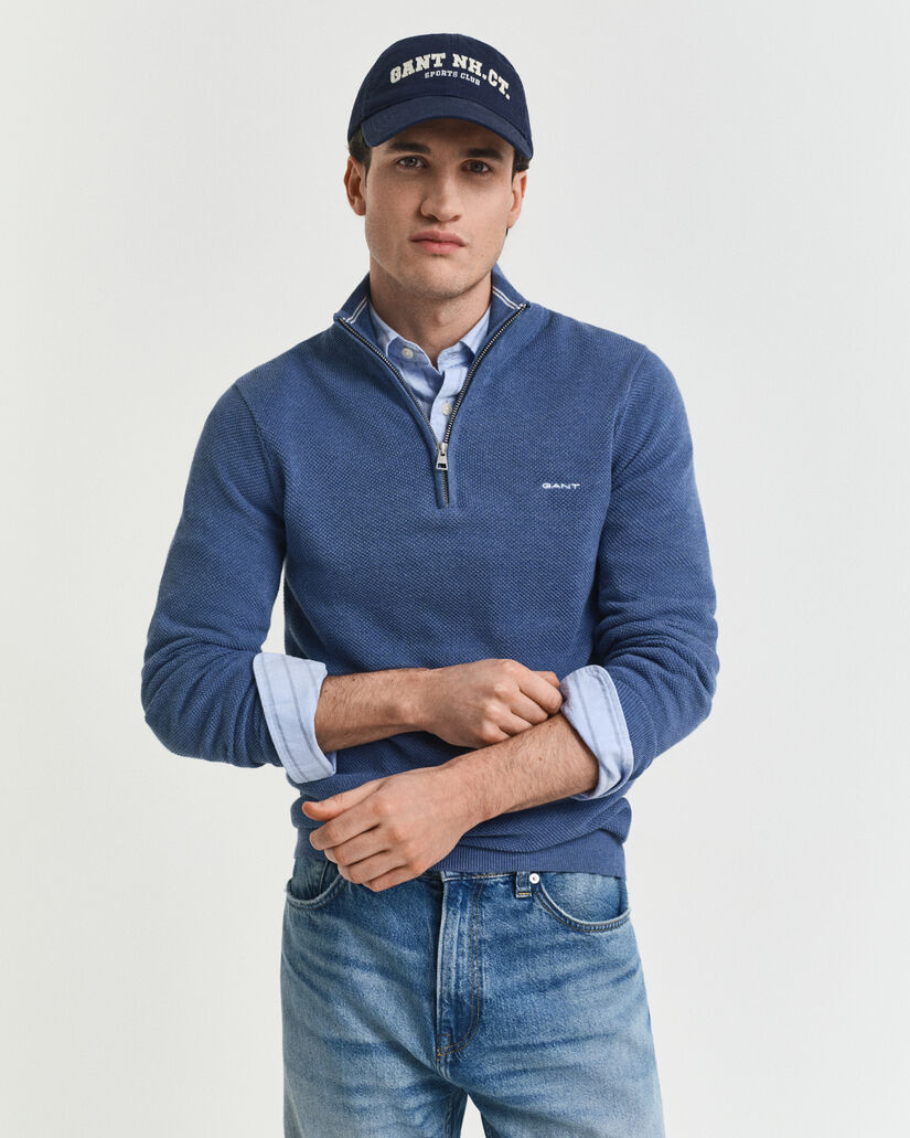 Camisola de malha com meio fecho de correr em algodão piqué