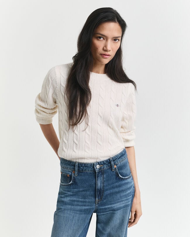 Camisola de malha entrançada de lã com decote redondo