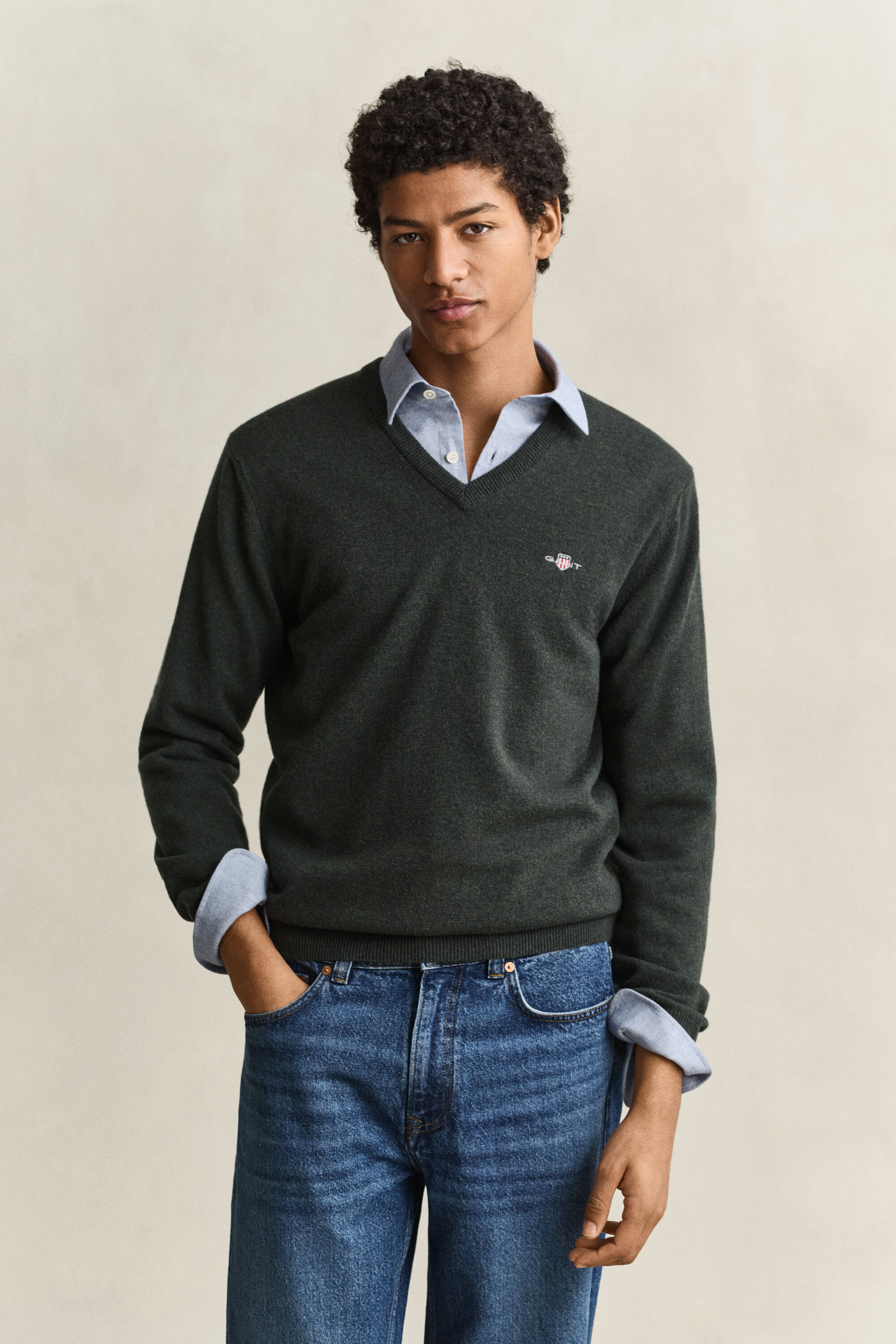 Pullover com decote em V em lã