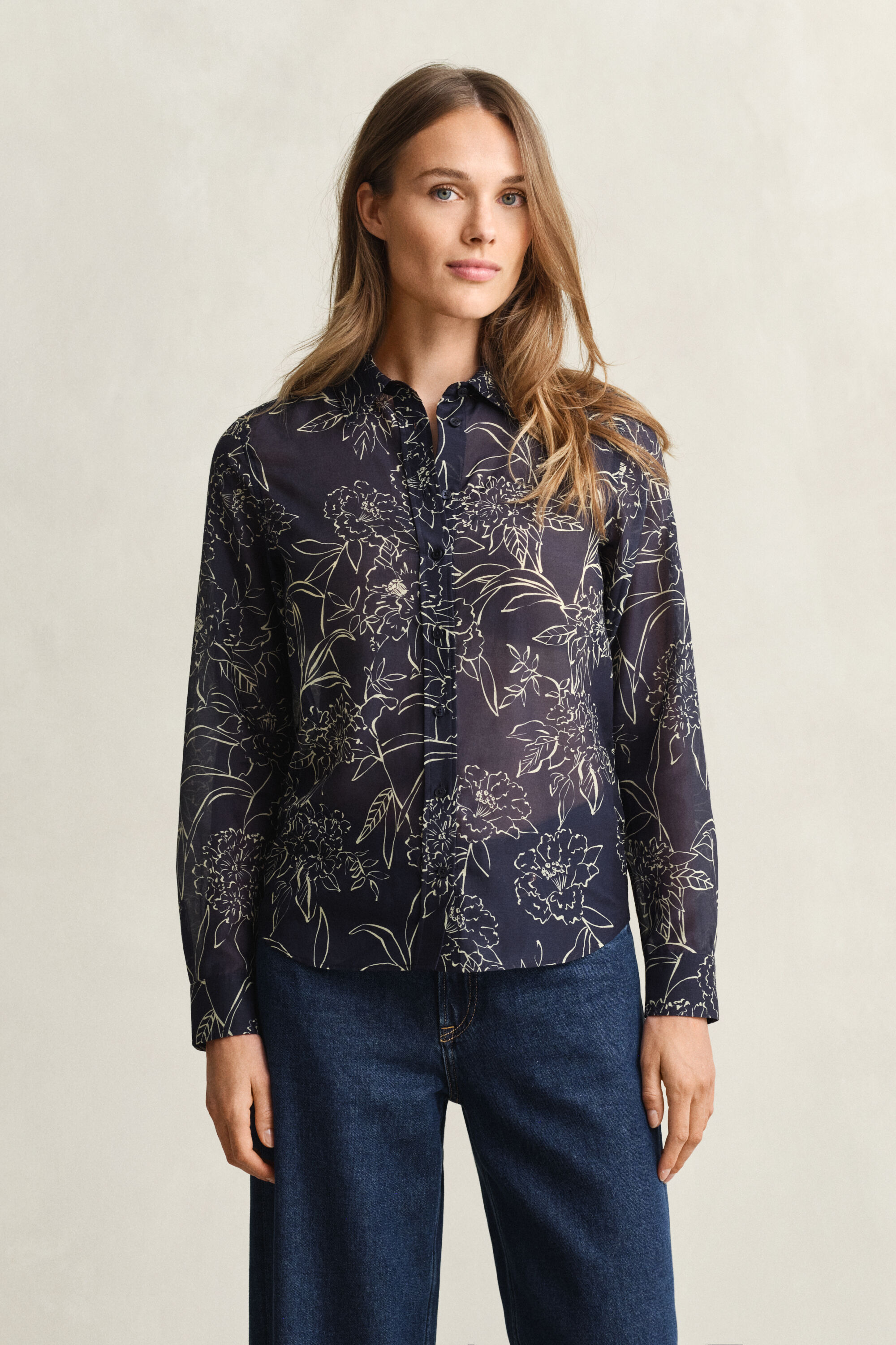 Camisa em seda e algodão com estampado Floral corte normal