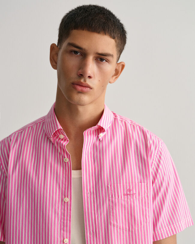 Camisa de popelina às riscas de manga curta regular fit