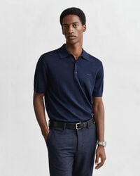 Camisola de malha estilo polo de manga curta em l&atilde; de merino extrafina