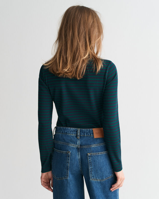 Camisola de manga comprida com gola alta em malha canelada às riscas