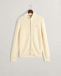 Casaco de malha com fecho de correr em algod&atilde;o texturizado &agrave;s riscas