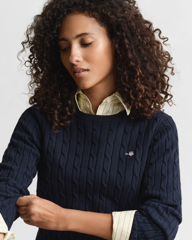 Camisola de malha entrançada com decote redondo em algodão com elastano