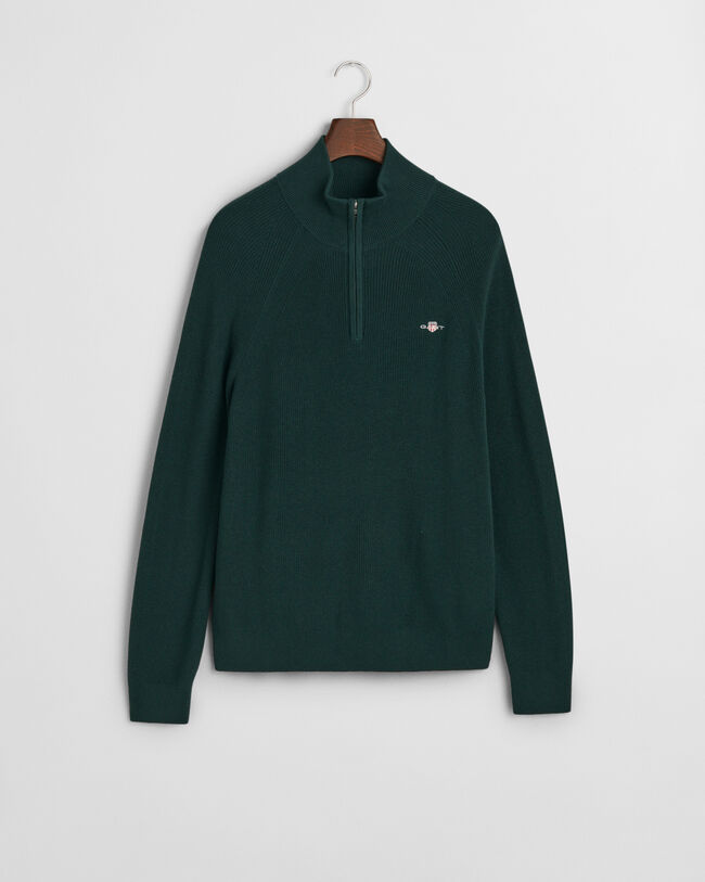 Camisola de malha canelada em lã e algodão com meio fecho de correr