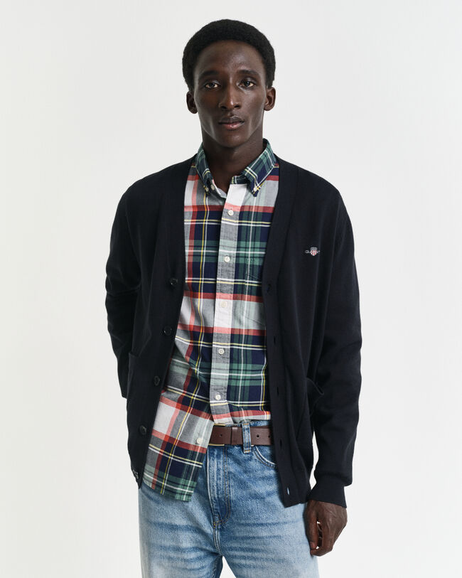 Casaco de malha com decote em V de algod&atilde;o cl&aacute;ssico