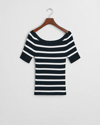 Top em malha canelada às riscas com ombros descobertos