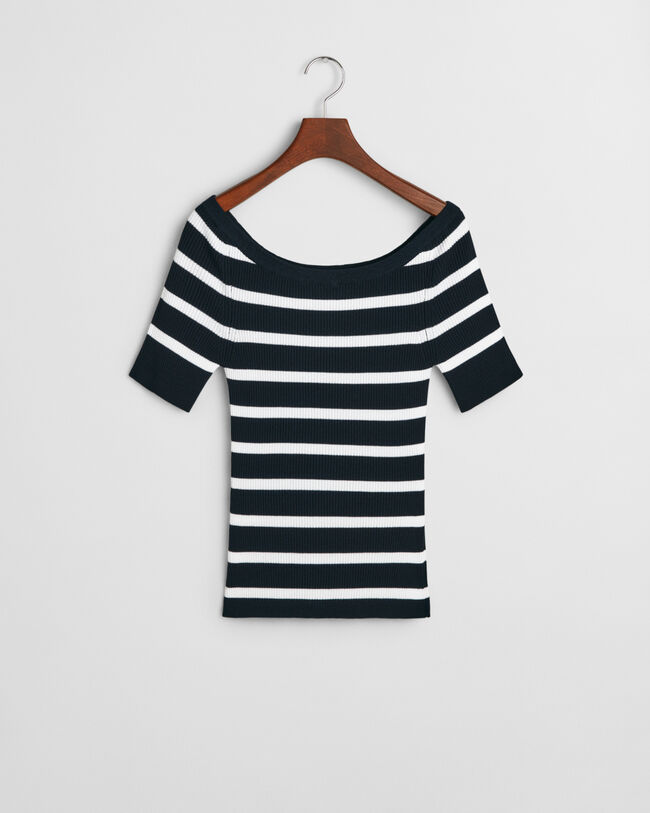 Top em malha canelada às riscas com ombros descobertos