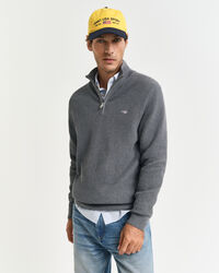 Camisola de malha com meio fecho em algodão texturizado