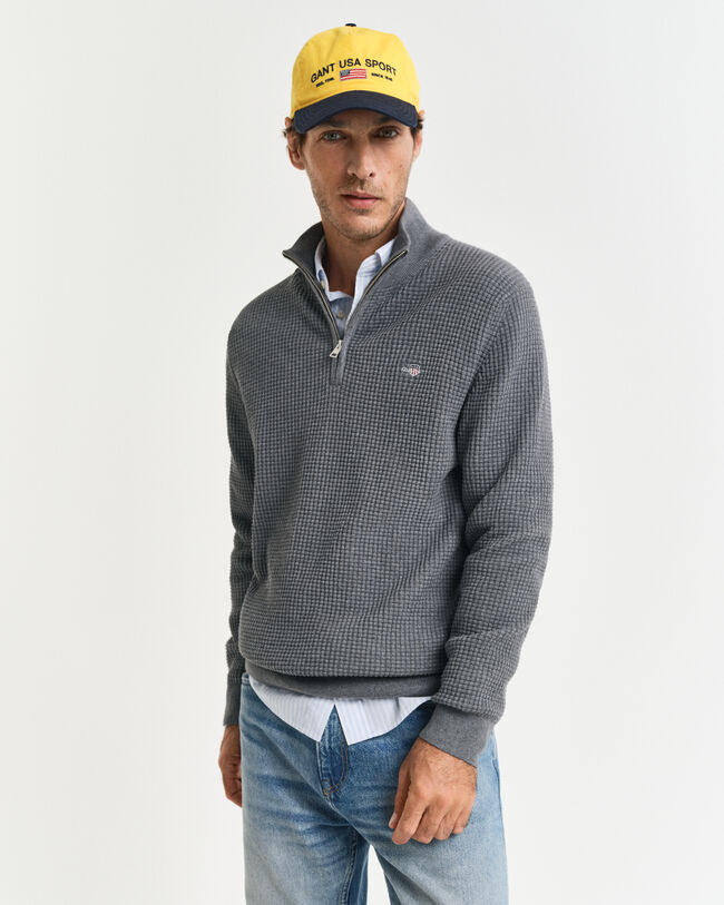 Camisola de malha com meio fecho em algodão texturizado