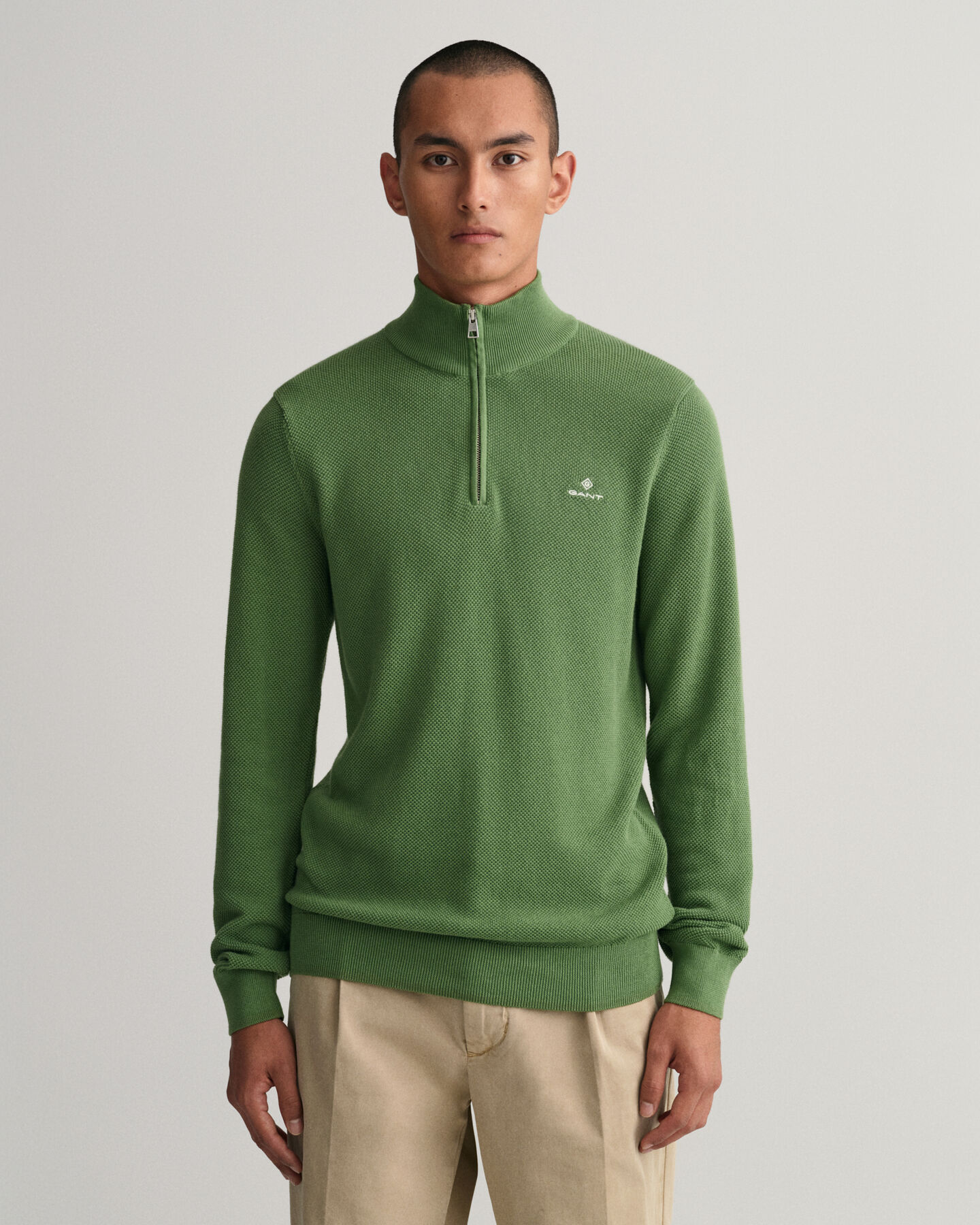 Sweatshirt com meio fecho de correr em algod&atilde;o piqu&eacute;