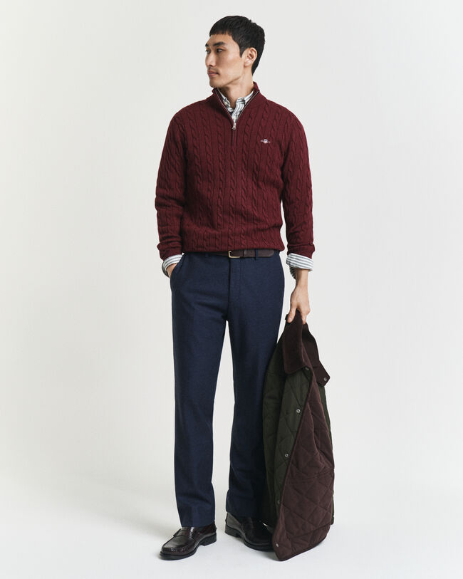 Camisola de malha entrançada de algodão com meio fecho de correr