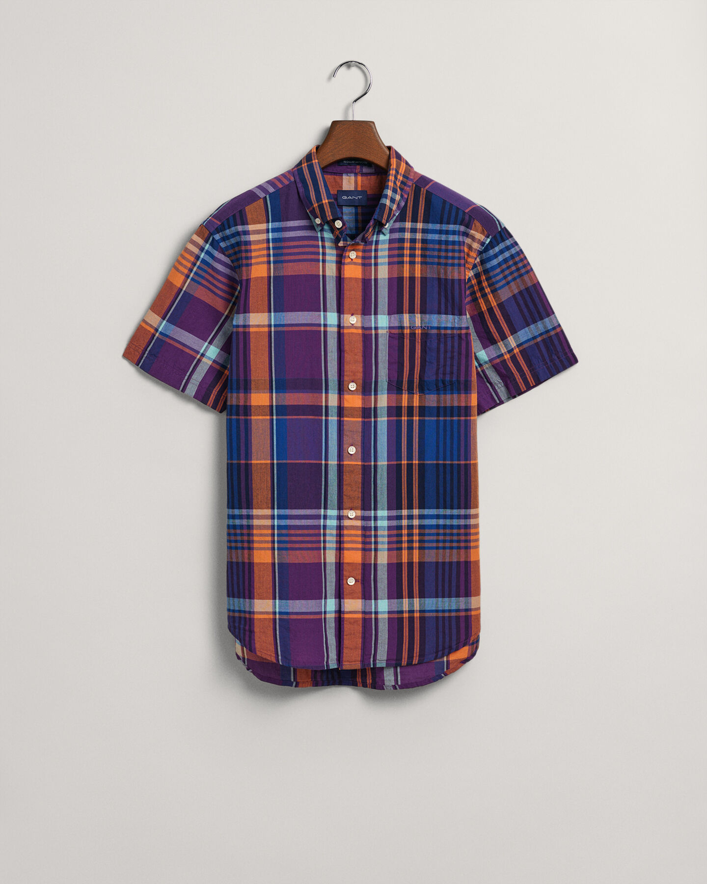 Camisa de linho colorida com manga curta Madras regular fit