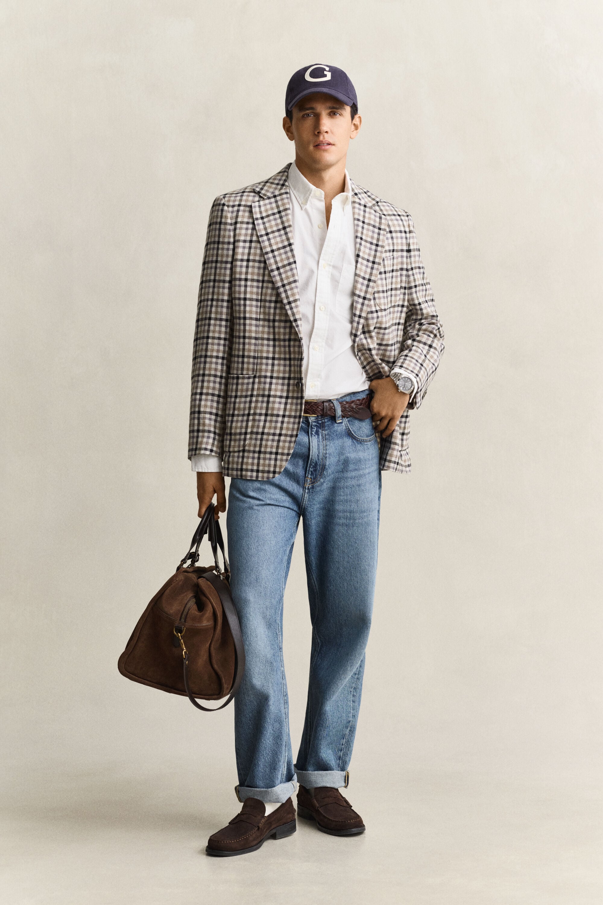 Blazer com padrão de xadrez em lã e linho