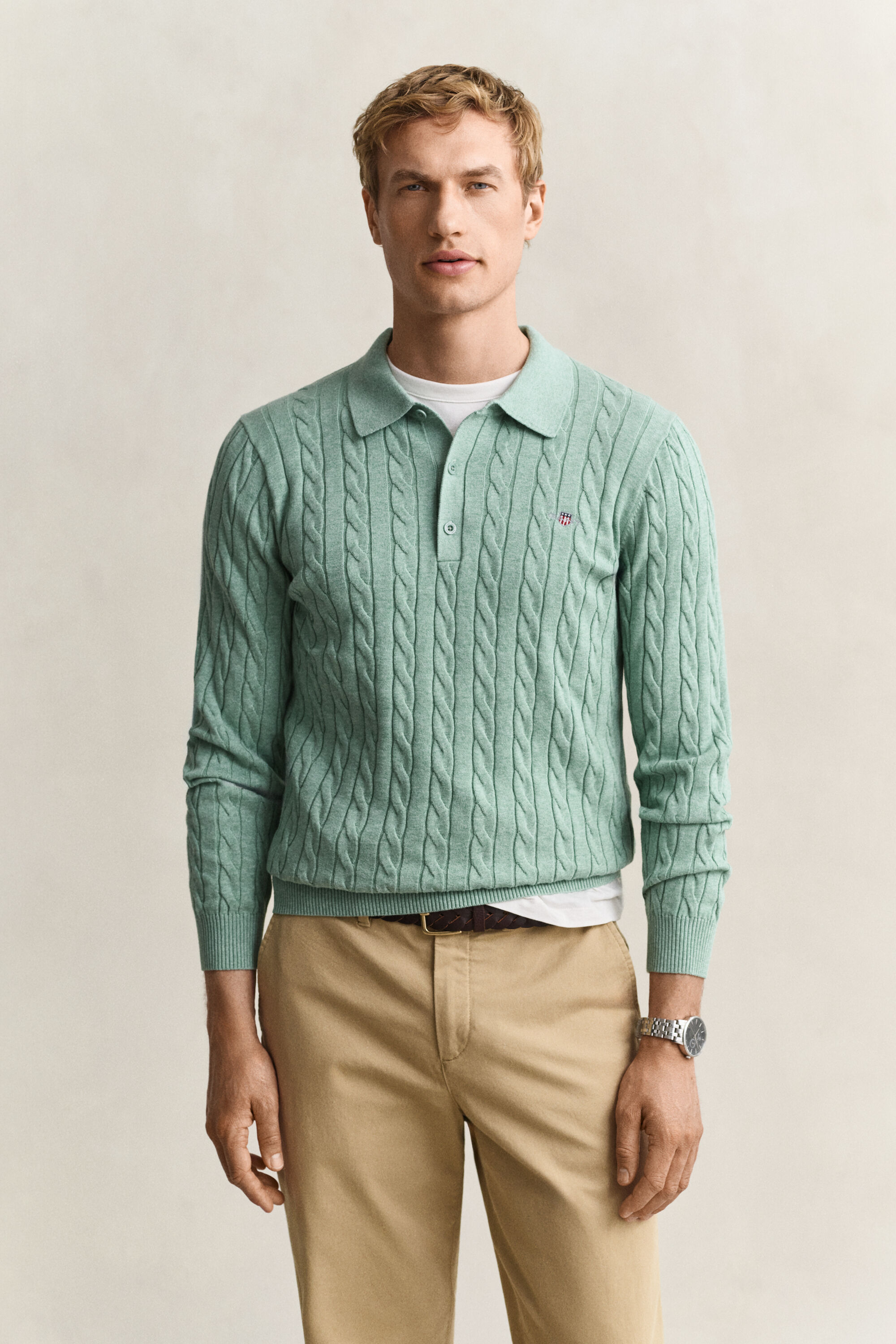 Camisola de malha tipo polo em malha entrançada de algodão