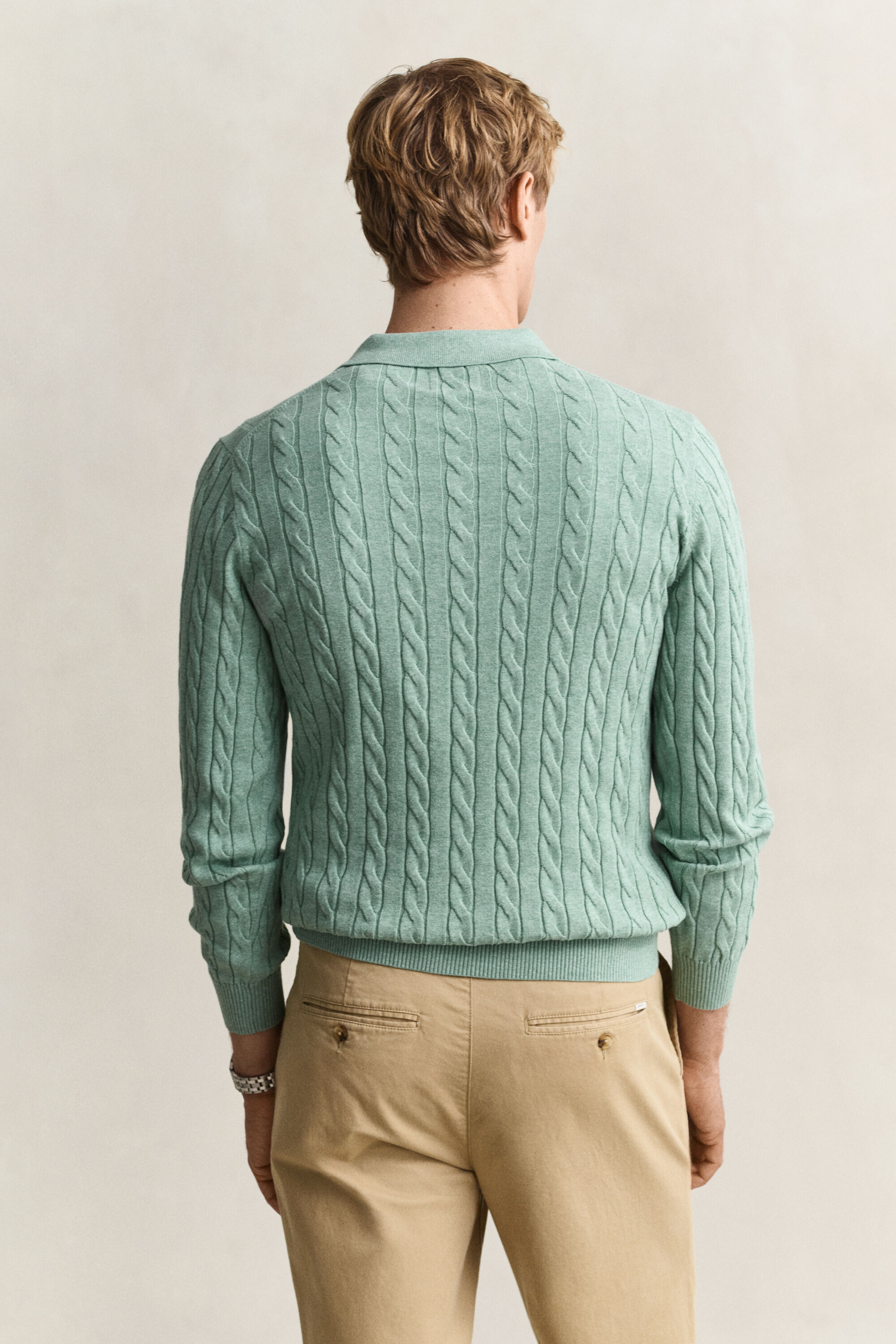 Camisola de malha tipo polo em malha entrançada de algodão