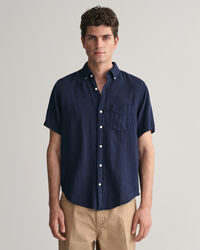 Camisa de manga curta em linho e algodão texturizado regular fit