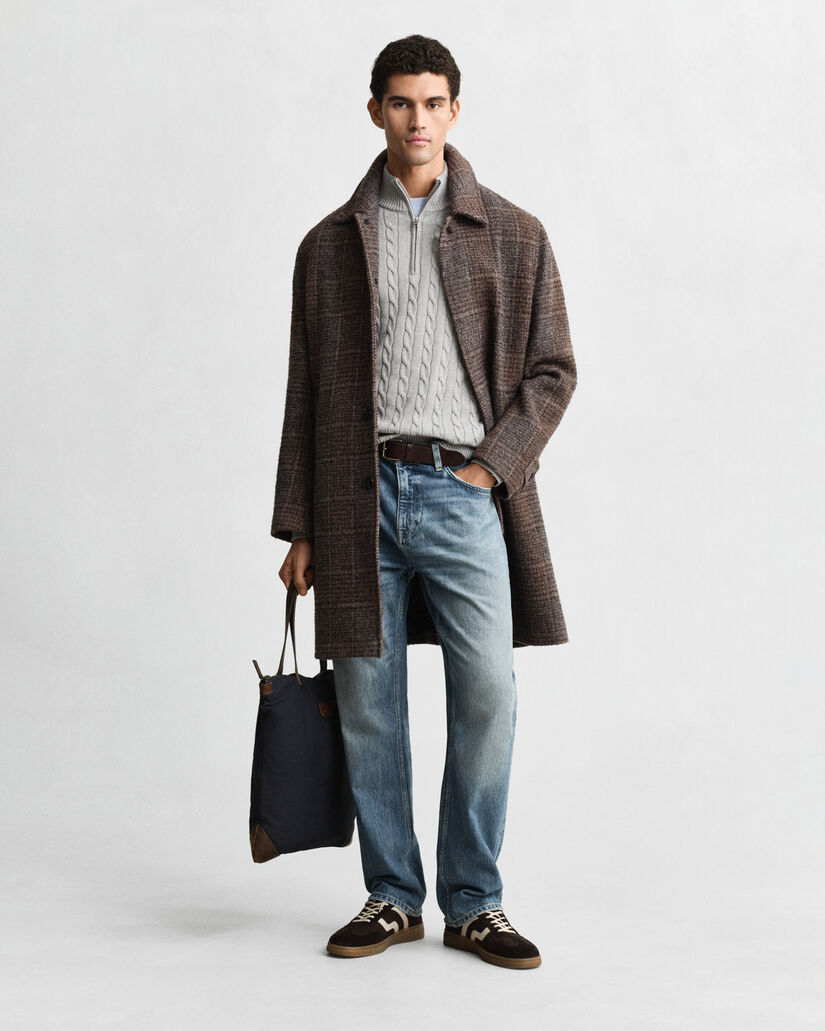 Camisola de malha entrançada de algodão com meio fecho de correr