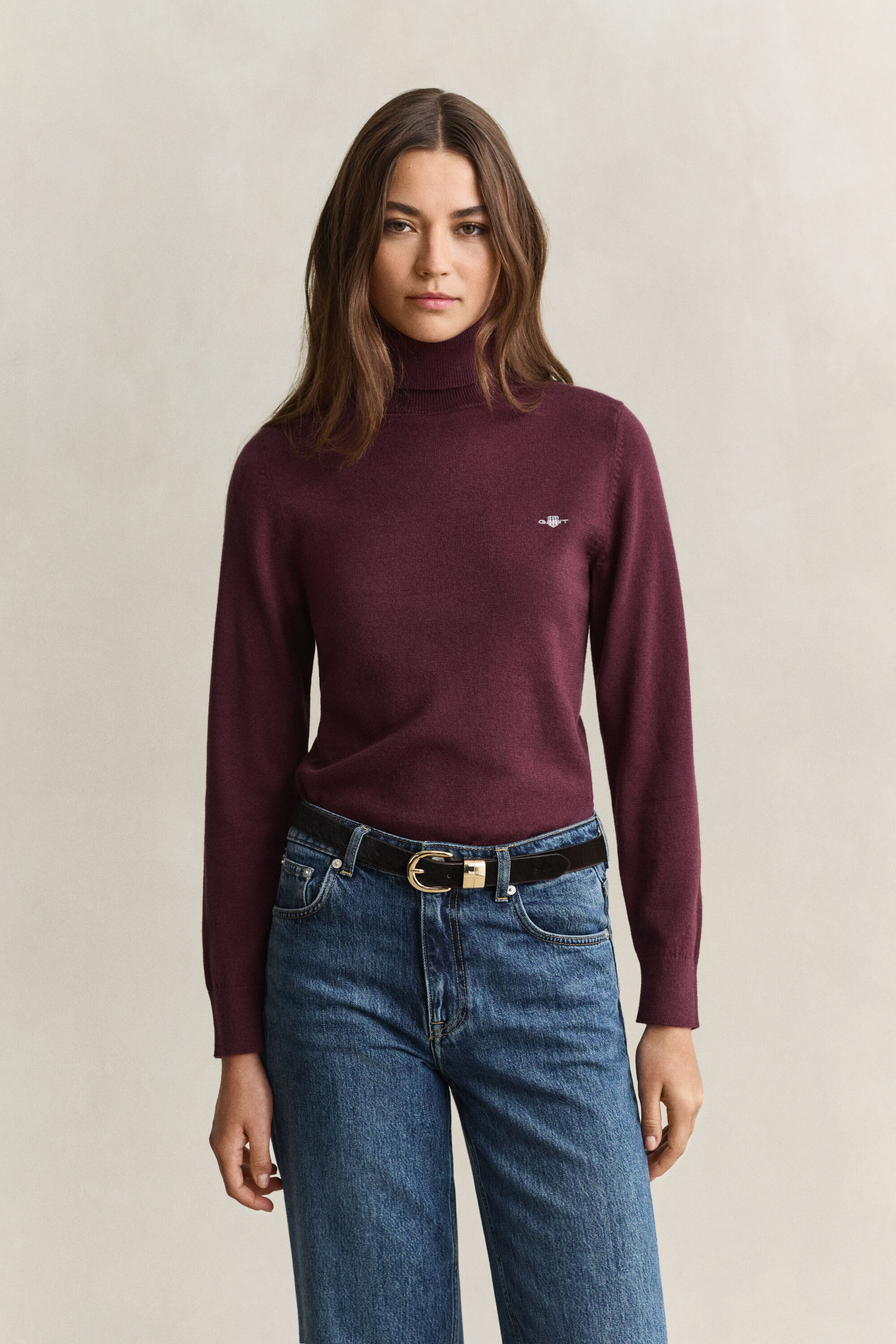 Camisola de malha de lã e algodão com gola alta