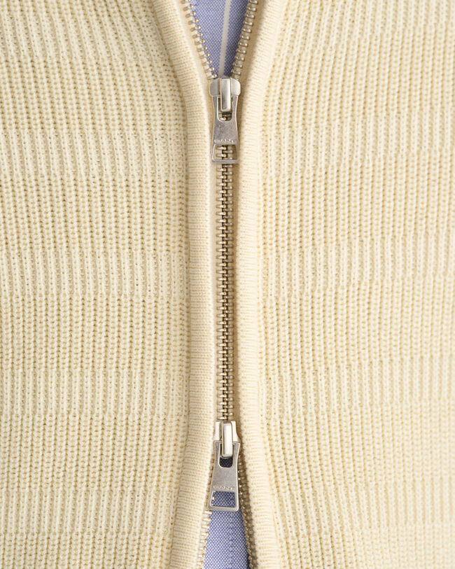 Casaco de malha com fecho de correr em algod&atilde;o texturizado &agrave;s riscas