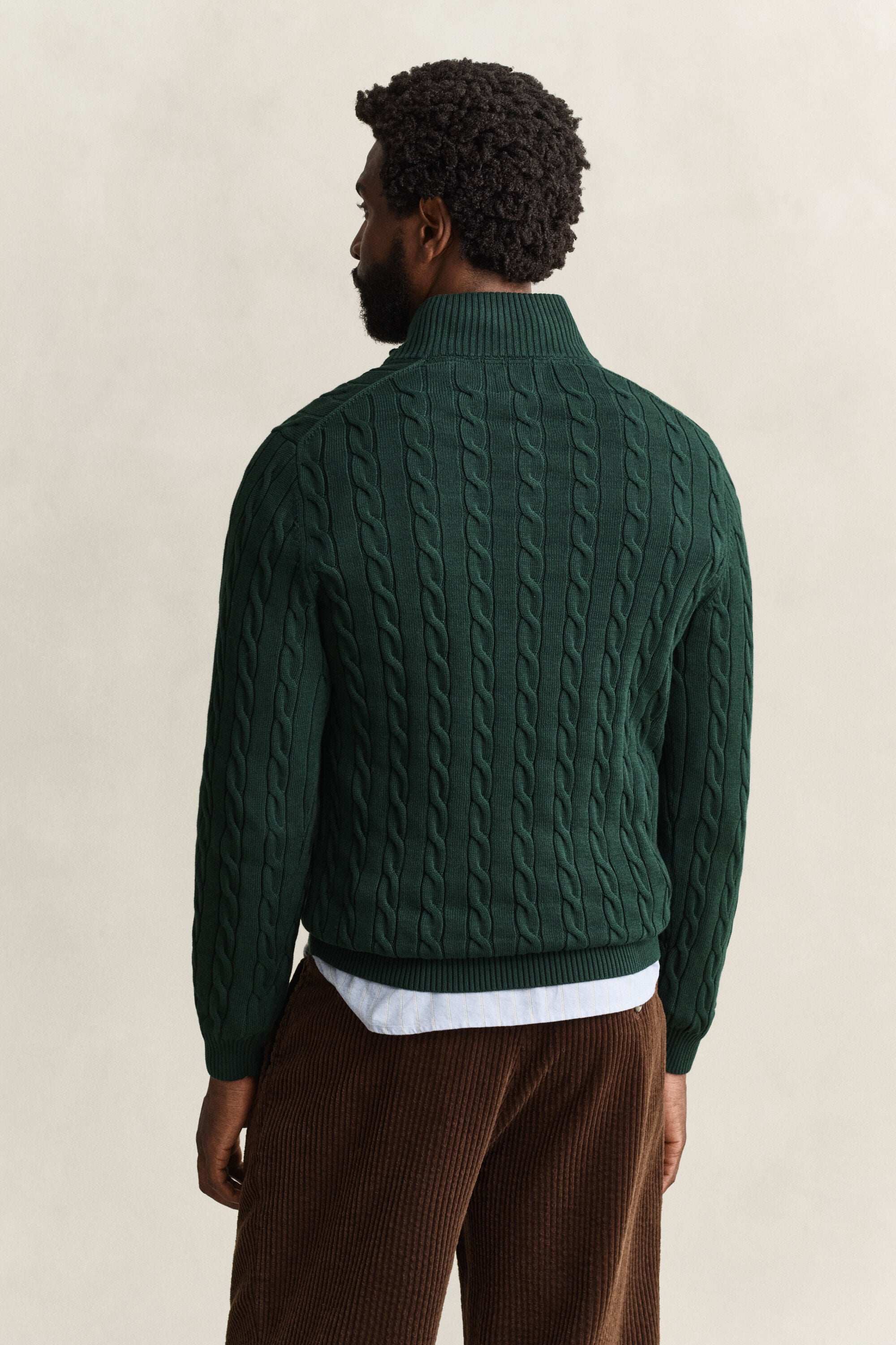 Camisola de malha entrançada de algodão com meio fecho de correr