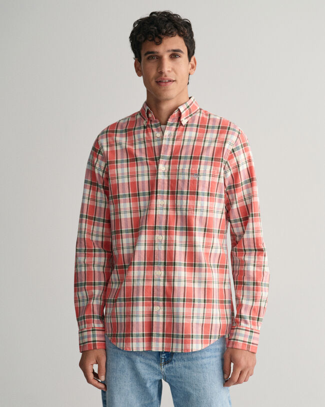 Camisa de linho e algodão com padrão de xadrez regular fit