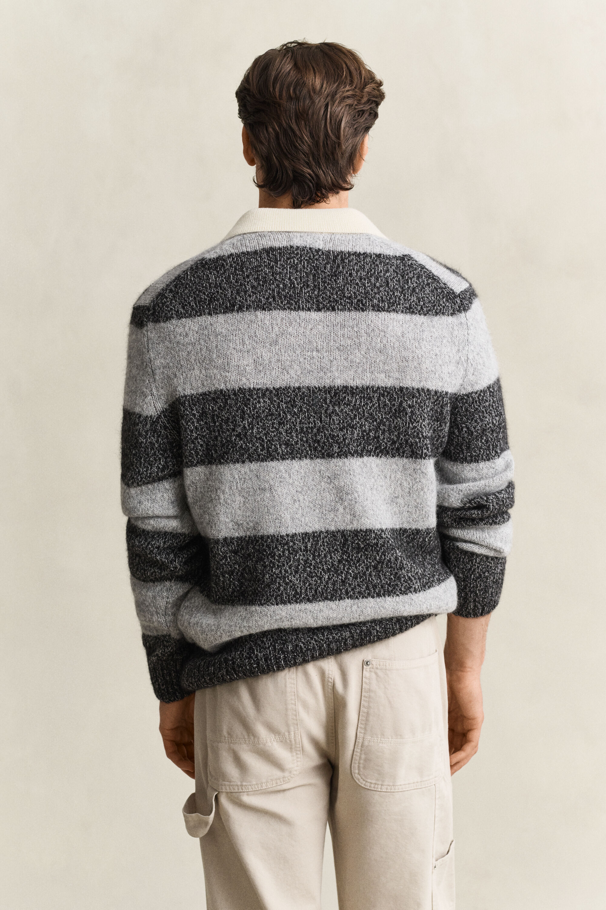 Camisola de malha estilo polo em mistura de lã de alpaca às riscas