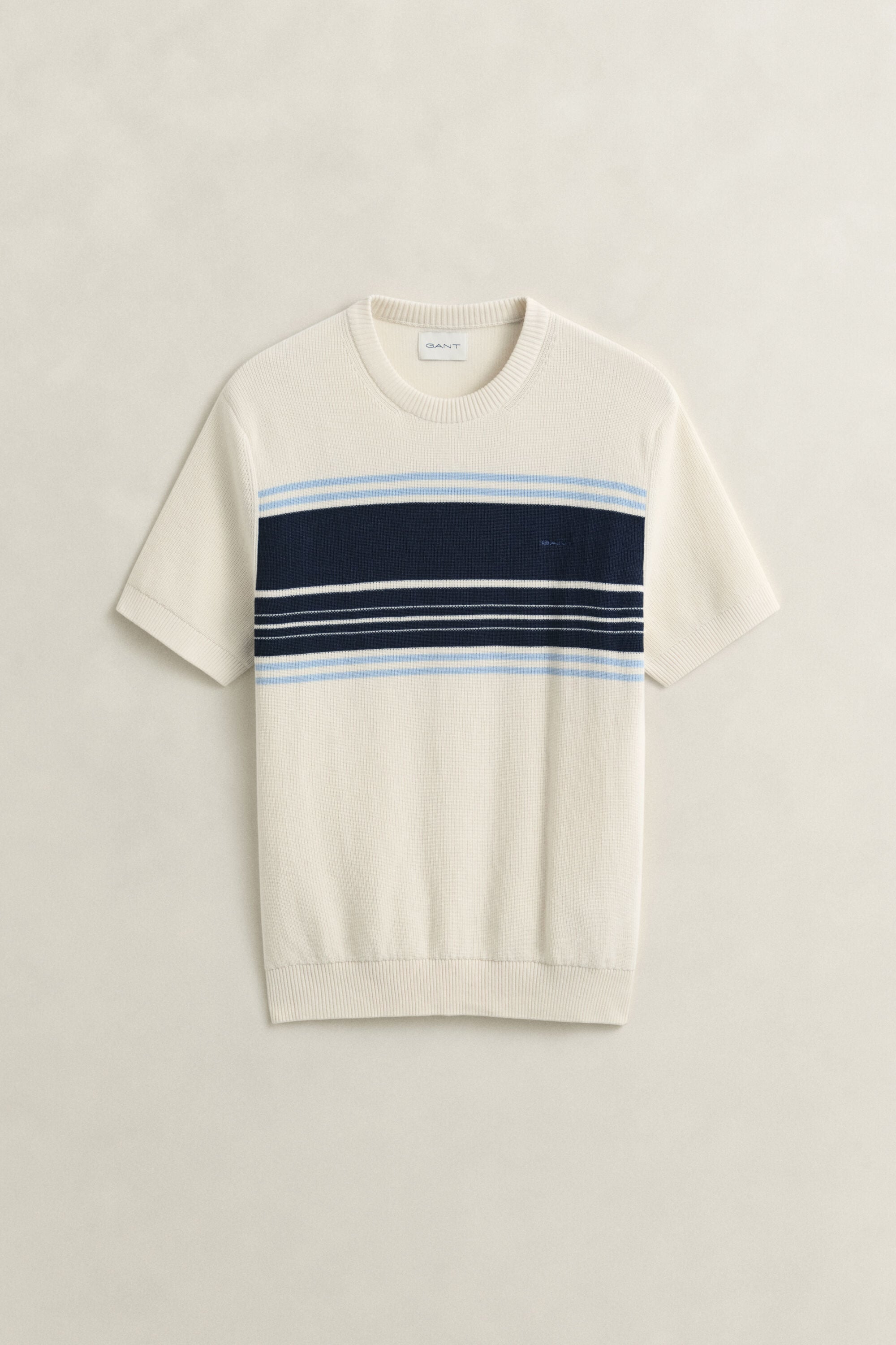 Camisola de malha canelada com manga curta em algodão às riscas
