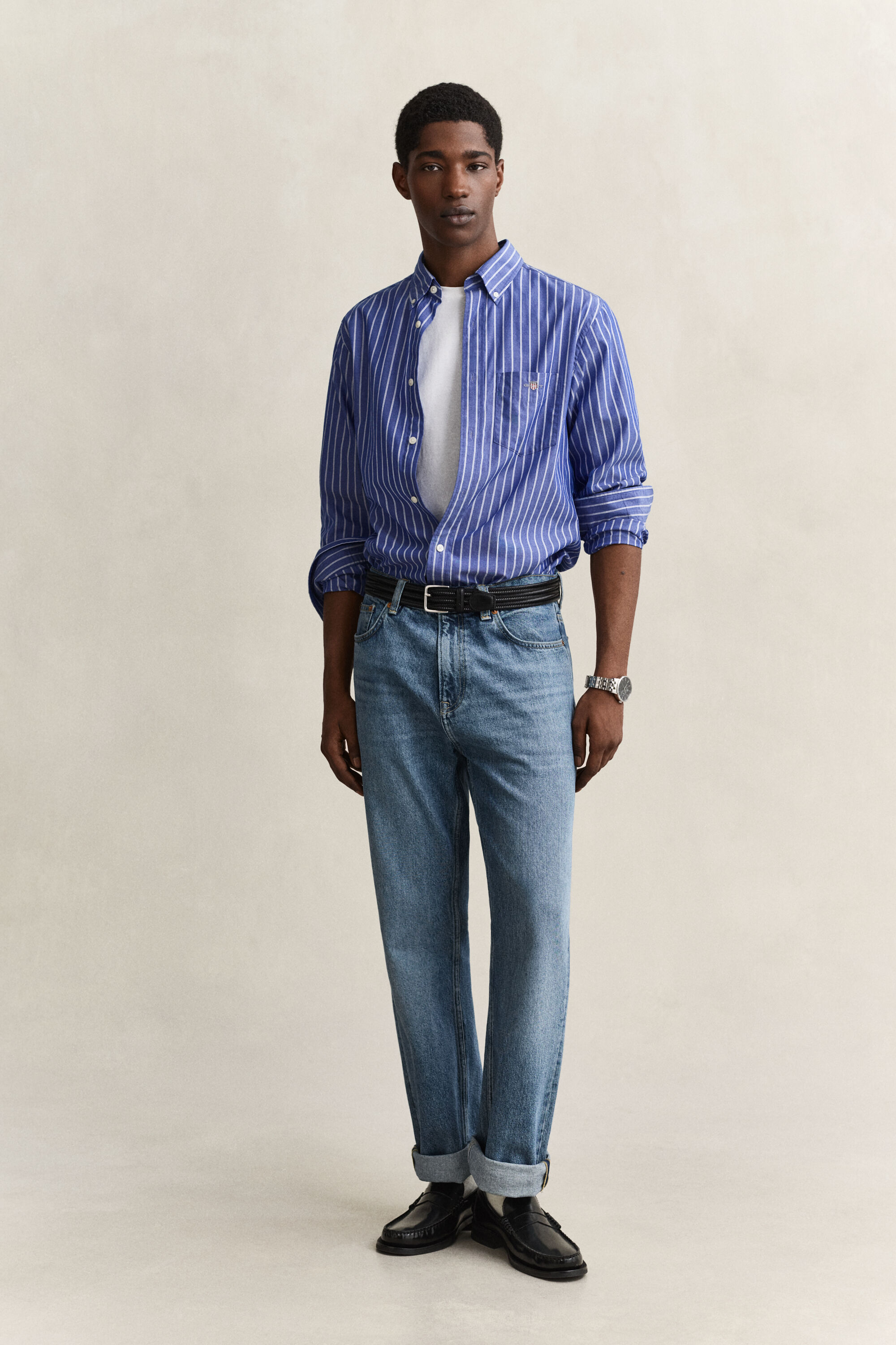 Camisa em popelina às riscas Classic