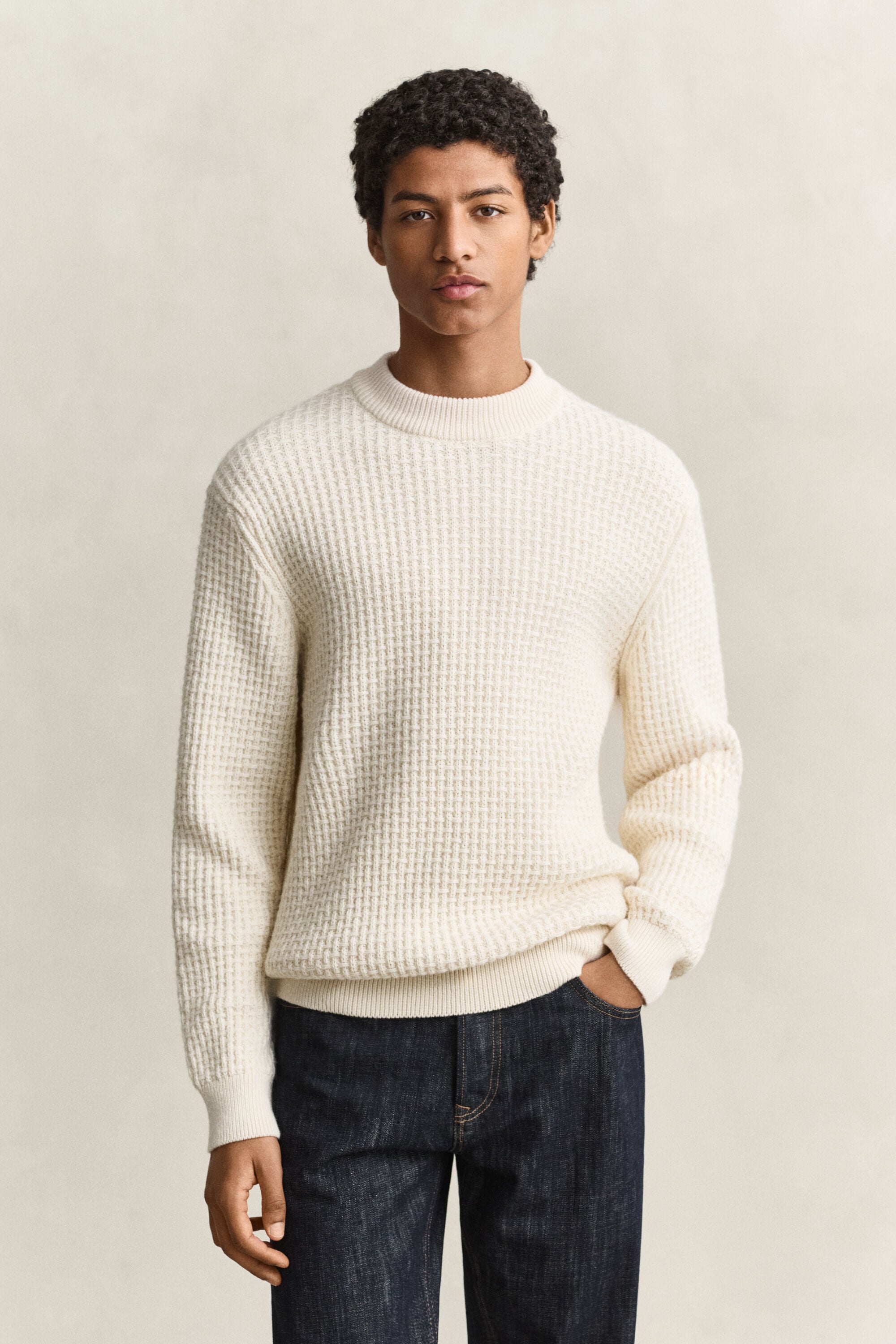 Camisola de malha texturizada com gola alta sem dobra em lã e algodão