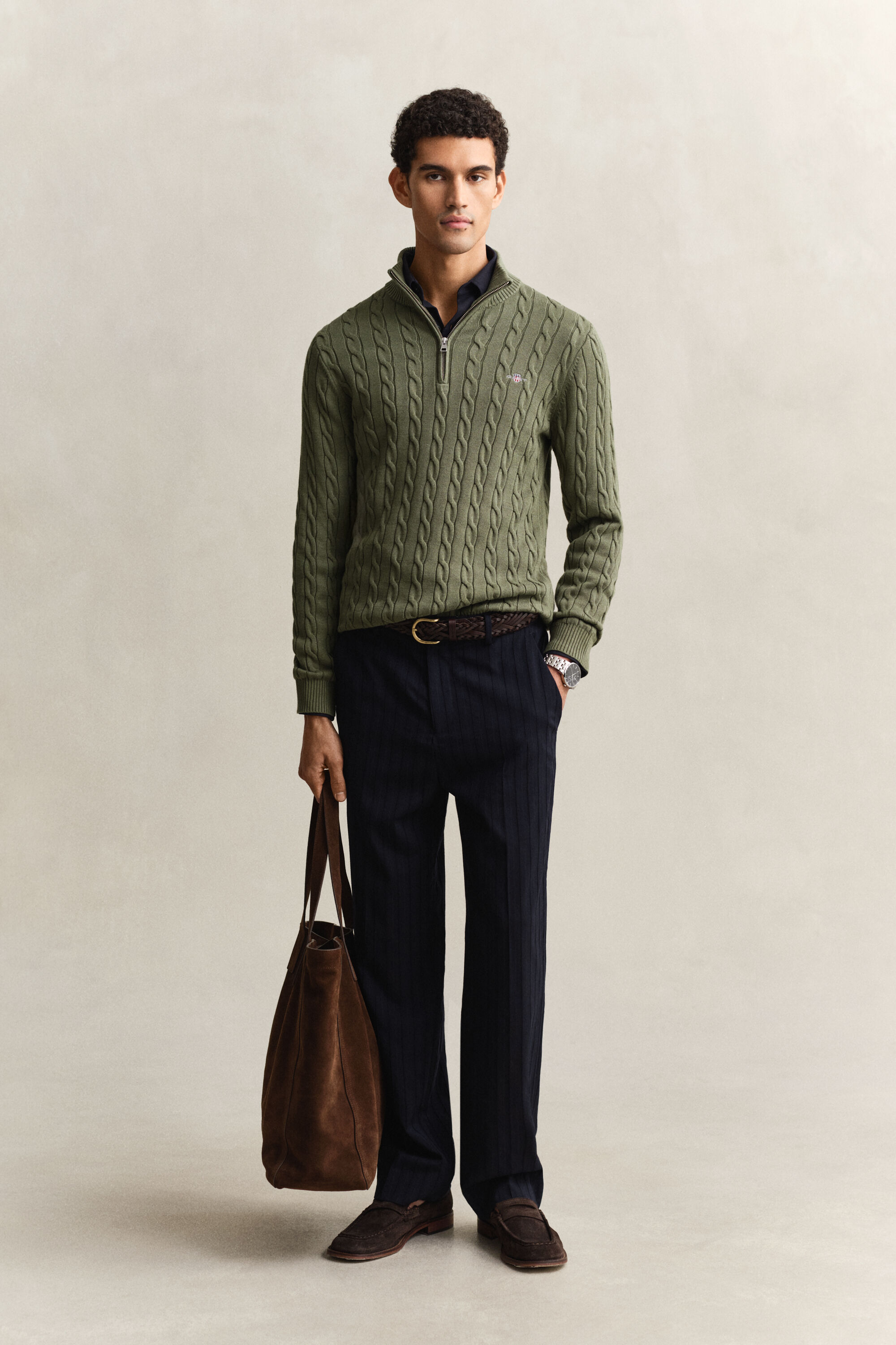 Camisola de malha entrançada de algodão com meio fecho de correr