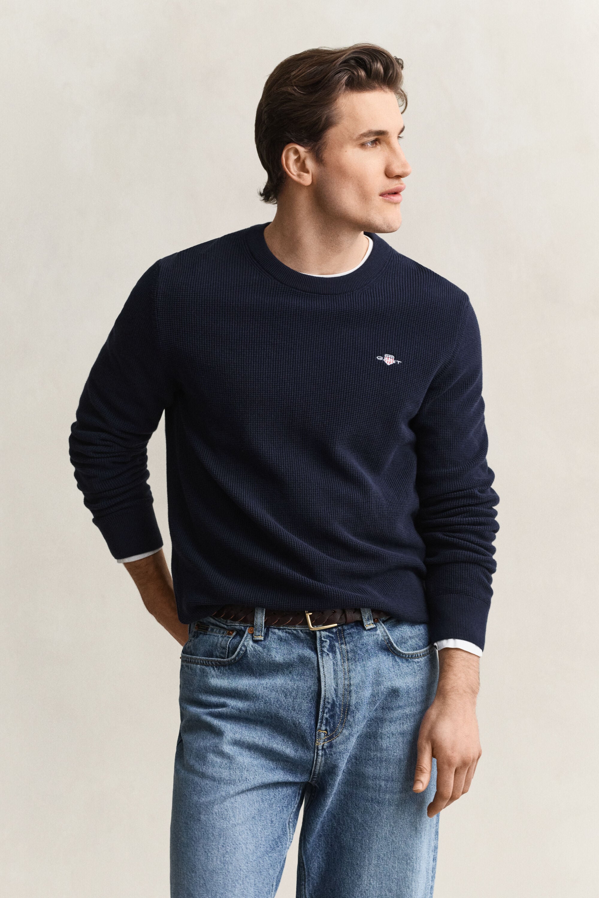 Camisola de malha com decote redondo em algodão texturizado