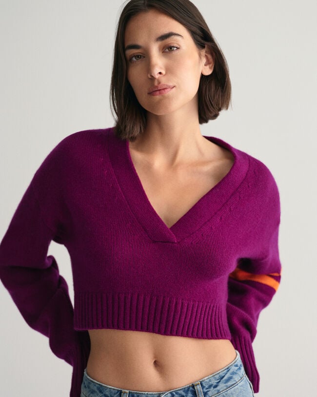 Sweatshirt curta com decote em V em caxemira