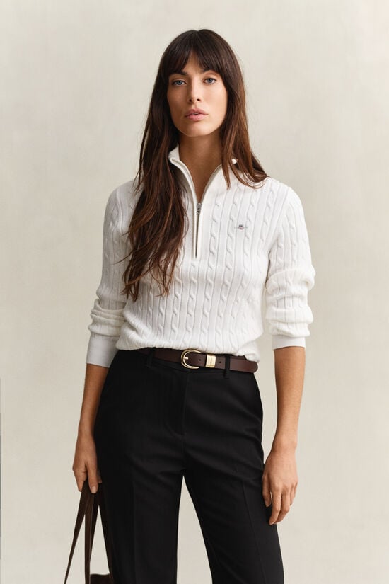 Camisola em malha entran&ccedil;ada com meio fecho de correr