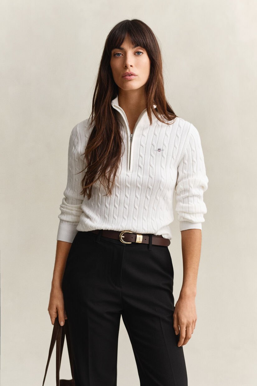 Camisola em malha entran&ccedil;ada com meio fecho de correr